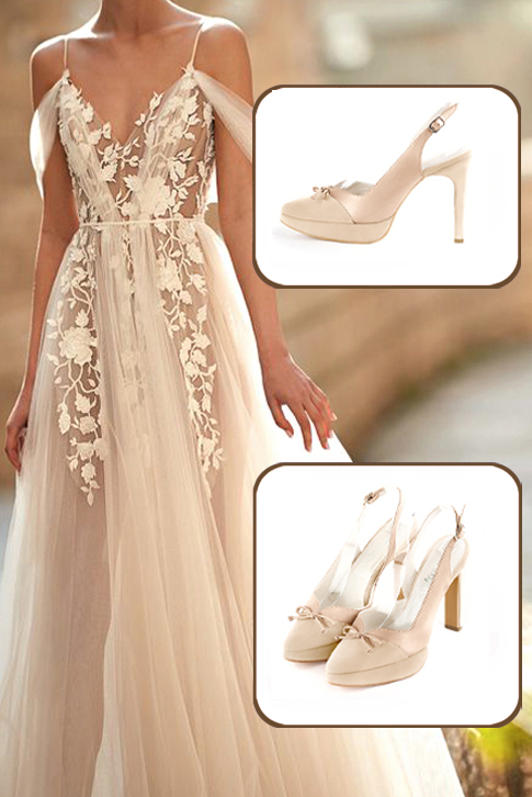 Dress slingback bow heels in champagne white and gold leather with high slim heels with a platform at the front and tapered toe - Top view